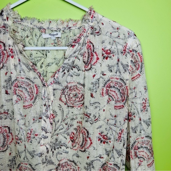 Madewell-Cream Floral Silver Threaded Print Boho Bohemian Top size L - Picture 3 of 6